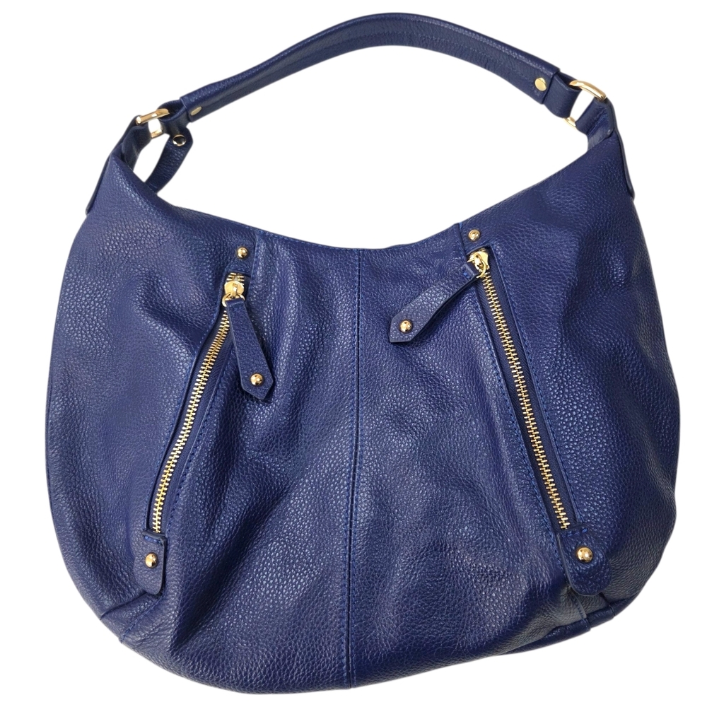 Kirsten Bell For Erica Anenberg Genuine Leather Tribeca Hobo Bag Blue Gold Zip